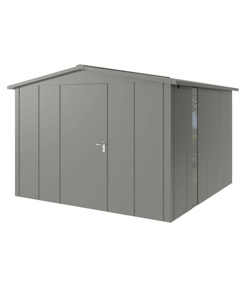 Hörmann Metall-Gerätehaus Juno JSD mit Satteldach B 310 x T 310 cm (JSD 14) mit bodentiefem Glaselement Motiv Design (mit breiten Lamellen) Einzeltür Türanschlag links Graualuminium (RAL 9007) von Hörmann Stauraumsysteme