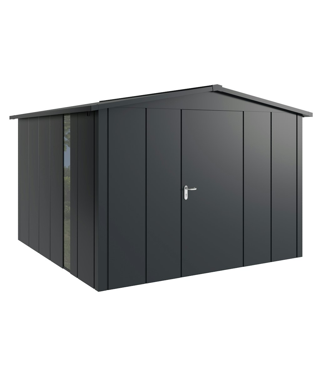 Hörmann Metall-Gerätehaus Juno JSD mit Satteldach B 310 x T 310 cm (JSD 14) mit bodentiefem Glaselement Motiv Design (mit breiten Lamellen) Einzeltür Türanschlag rechts Anthrazitgrau (RAL 7016) von Hörmann Stauraumsysteme