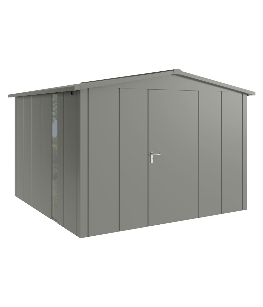 Hörmann Metall-Gerätehaus Juno JSD mit Satteldach B 310 x T 310 cm (JSD 14) mit bodentiefem Glaselement Motiv Design (mit breiten Lamellen) Einzeltür Türanschlag rechts Graualuminium (RAL 9007) von Hörmann Stauraumsysteme