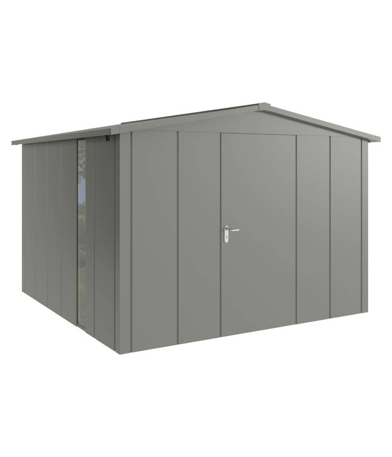 Hörmann Metall-Gerätehaus Juno JSD mit Satteldach B 310 x T 310 cm (JSD 14) mit bodentiefem Glaselement Motiv Design (mit breiten Lamellen) Einzeltür Türanschlag rechts Graualuminium (RAL 9007) von Hörmann Stauraumsysteme