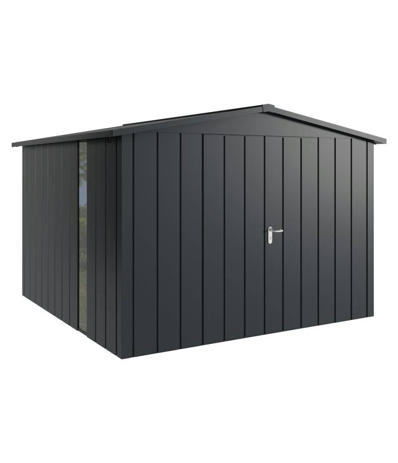 Hörmann Metall-Gerätehaus Juno JSD mit Satteldach B 310 x T 310 cm (JSD 14) mit bodentiefem Glaselement Motiv Modern (mit schmalen Lamellen) Doppeltür Anthrazitgrau (RAL 7016) von Hörmann Stauraumsysteme