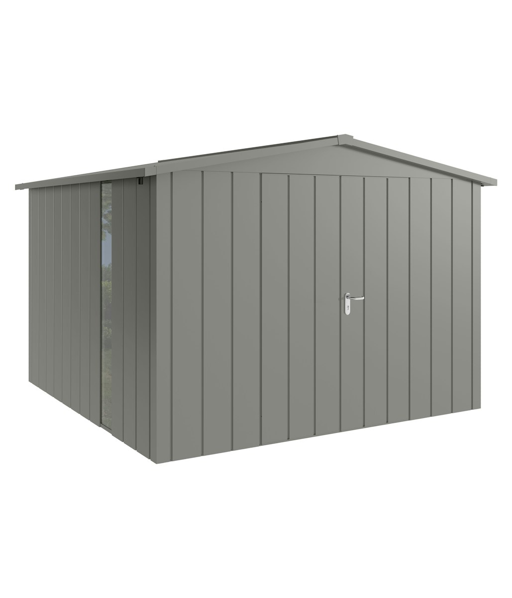 Hörmann Metall-Gerätehaus Juno JSD mit Satteldach B 310 x T 310 cm (JSD 14) mit bodentiefem Glaselement Motiv Modern (mit schmalen Lamellen) Doppeltür Graualuminium (RAL 9007) von Hörmann Stauraumsysteme