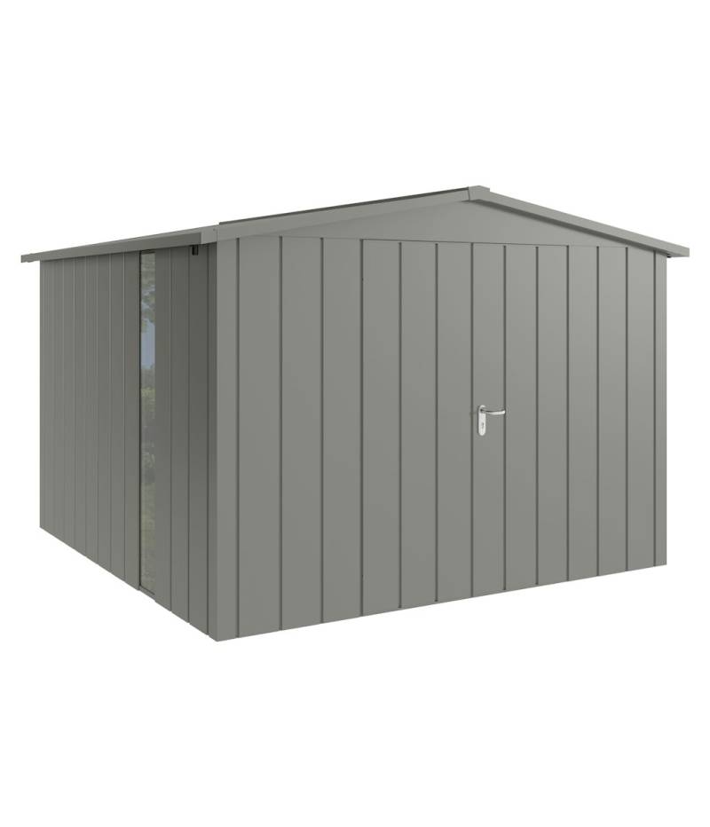 Hörmann Metall-Gerätehaus Juno JSD mit Satteldach B 310 x T 310 cm (JSD 14) mit bodentiefem Glaselement Motiv Modern (mit schmalen Lamellen) Doppeltür Graualuminium (RAL 9007) von Hörmann Stauraumsysteme
