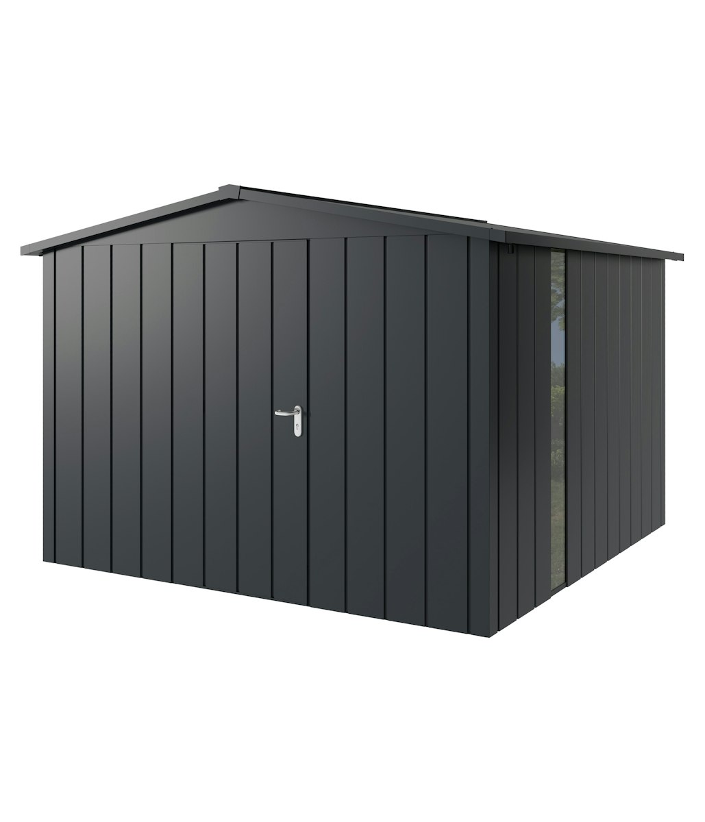 Hörmann Metall-Gerätehaus Juno JSD mit Satteldach B 310 x T 310 cm (JSD 14) mit bodentiefem Glaselement Motiv Modern (mit schmalen Lamellen) Einzeltür Türanschlag links Anthrazitgrau (RAL 7016) von Hörmann Stauraumsysteme