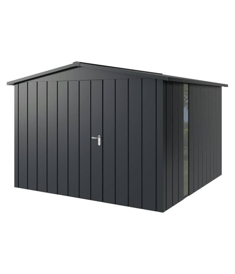 Hörmann Metall-Gerätehaus Juno JSD mit Satteldach B 310 x T 310 cm (JSD 14) mit bodentiefem Glaselement Motiv Modern (mit schmalen Lamellen) Einzeltür Türanschlag links Anthrazitgrau (RAL 7016) von Hörmann Stauraumsysteme