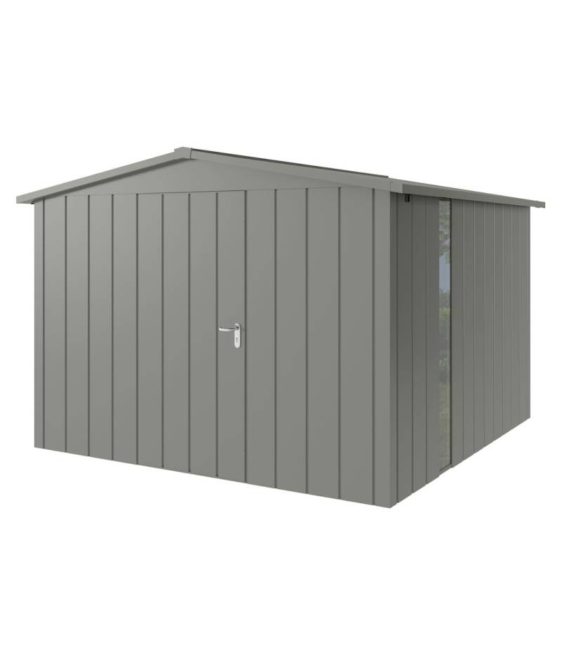 Hörmann Metall-Gerätehaus Juno JSD mit Satteldach B 310 x T 310 cm (JSD 14) mit bodentiefem Glaselement Motiv Modern (mit schmalen Lamellen) Einzeltür Türanschlag links Graualuminium (RAL 9007) von Hörmann Stauraumsysteme