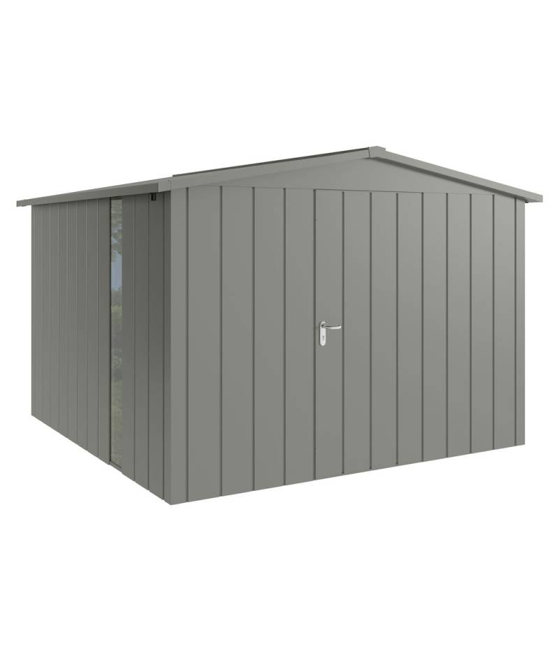 Hörmann Metall-Gerätehaus Juno JSD mit Satteldach B 310 x T 310 cm (JSD 14) mit bodentiefem Glaselement Motiv Modern (mit schmalen Lamellen) Einzeltür Türanschlag rechts Graualuminium (RAL 9007) von Hörmann Stauraumsysteme