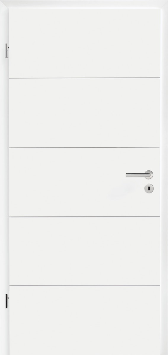 Hörmann DesignLine Holz-Wohnungseingangstürblatt - Stripe 15 mit 4 Linien mit Klimaklasse 3, Schallschutzklasse 2 - Duradecor glatt - RAL 9016 Verkehrsweiß  - 860 x 1985 - DIN links Hörmann DesignLine Holz-Wohnungseingangstürblatt - Stripe 15 mit 4 Linien mit Klimaklasse 3, Schallschutzklasse 2 - Duradecor glatt - RAL 9016 Verkehrsweiß  - 860 x 1985 - DIN links von Hörmann Türen & Tore