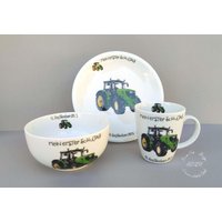 Einschulung 2025 Oder Originaldatum Traktor Grün Porzellan Becher Müsli Teller Andenken Geschenk Personalisiert Junge Mädchen von HoeschPorzellan