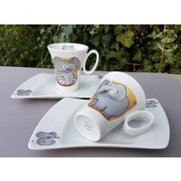 Espresso Tassen Elefant 2Er Set Mit Unterteller 4-Teilig Becher Beste Freundin Porzellan Geschenk Geburtstag Kindergeschirr von HoeschPorzellan