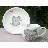 Frühstücksservice 2-Teilig Porzellan Elefant Wunschname Set Baby Kinder Xxl Becher Frühstücksteller Personalisiert Tiere von HoeschPorzellan