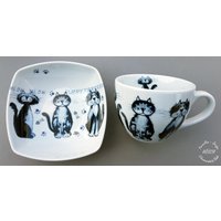 Frühstücksservice 2-Teilig Porzellan Nikolaus Weihnachten Katzen Blau Wunschname Baby Set Xxl Becher Müsli Schale Personalisiert Tiere von HoeschPorzellan