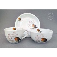 Frühstücksservice 3-Teilig 2-Teilig Becher Xxl Rotkehlchen Gräser Porzellan Set Personalisiertes Geschenk Muttertag Vase von HoeschPorzellan
