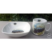 Frühstücksservice Set 2-Teilig Eisenbahn Porzellan Becher Müsli Schale Bester Opa Vater Geschenk Personalisiert von HoeschPorzellan