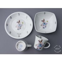 Kindergeschirr 3-Teilig Fee Blau Wunschname | Frühstücksteller Frühstücksservice Becher Müsli Breischale Geschenk Baby Erster Geburtstag von HoeschPorzellan