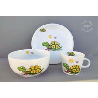 Kindergeschirr 3-Teilig Oder 2-Teilig Porzellan Becher 0, 2 L Schildkröte Frühstücksservice Müsli Baby Geburt Geschenk Taufe Personalisiert von HoeschPorzellan