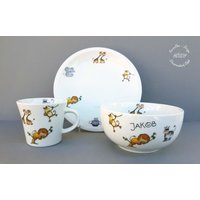 Kindergeschirr 3-Teilig Porzellan Löwe Frühstücksservice Set Speiseservice Becher Geschenk Taufe Baby Geburtstag Wunschname Personalisiert von HoeschPorzellan