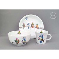Kindergeschirr 3-Teilig Porzellan Lustige Vögel Frühstücksservice Set Becher Müsli Baby Geschenk Weihnachten 2025 Wunschname Personalisiert von HoeschPorzellan