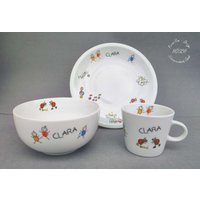 Kindergeschirr 3-Teilig Porzellan Strichmännchen Käfer Noten Frühstücksservice Set Becher Geschenk Baby Geburtstag Wunschname Personalisiert von HoeschPorzellan