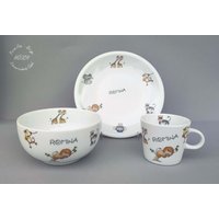 Kindergeschirr 3-Teilig Zoo Tiere Porzellan Becher 0, 2L Oder 0, 28 L Schale Frühstücksservice Baby Geburtsdaten Taufe Geschenk Personalisiert von HoeschPorzellan