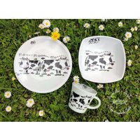 Kindergeschirr Baby 3-Teilig Porzellan Bauernhof Kühe Wunschname Frühstücksservice Set Müsli Breischale Geschenk Personalisiert von HoeschPorzellan
