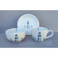 Maritim Leuchtturm Blau Anker Frühstücksservice Mit Wunschname Baby Geburt Geburtstag Geschenk Personalisiert von HoeschPorzellan