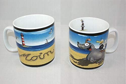 Hösti Jumbo Becher Moin, mit Robbe, Wattwurm, Möwe und Leuchtturm, aus Porzellan, ca 11x10 cm von Hösti