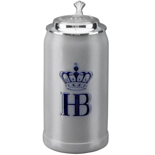 Hofbräuhaus München Stein Bierkrug 1 L Original Salzglasur mit Zinndeckel | Maßkrug | Bierglas mit HB Logo, Krug, Geschenkidee für Herren und Damen von Hofbräuhaus München