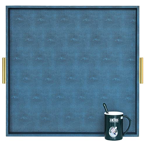 HofferRuffer Extra großes quadratisches Serviertablett, elegantes Kunstleder-Ottoman-Tablett mit goldfarbenen Griffen, zum Servieren von Tee, Kaffee oder Frühstück im Bett, 61 x 61 cm (marineblaues von HofferRuffer
