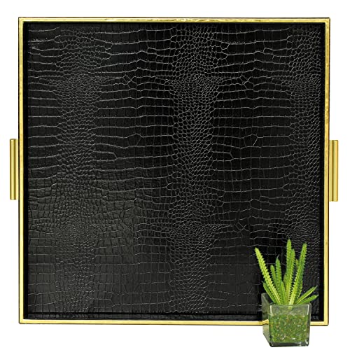HofferRuffer Extra großes quadratisches Serviertablett, elegantes Ottoman-Tablett aus Kunstleder mit goldfarbenen Griffen, Kaffee oder Frühstück im Bett, 61x61 cm (Krokodilleder) von HofferRuffer