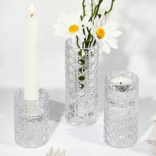 HofferRuffer Glas Kerzenhalter 2-in-1 Teelichthalter Kerzenhalte Kerzenständer Glaszylinder Für Vasen Abendessen, Hochzeit, Urlaub, Geburtstag, Heimdekoration,Weihnachten(3Pcs Klar) von HofferRuffer