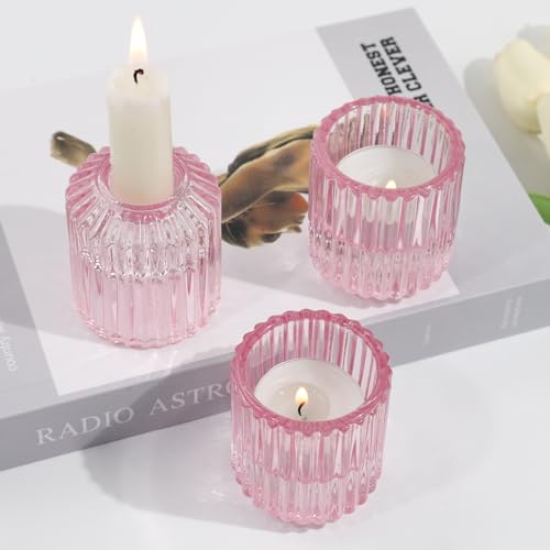 HofferRuffer Kerzenständer Glas 3er Set,Kerzenhalter,Kerzenleuchter für Stabkerzen und Teelichter,Rosa von HofferRuffer