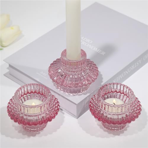 HofferRuffer Kerzenständer Glas 3er Set,Kerzenhalter,Kerzenleuchter für Stabkerzen und Teelichter,Rosa von HofferRuffer