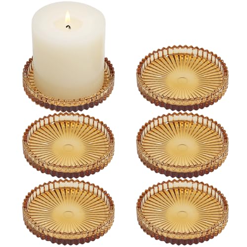 HofferRuffer Kerzenteller Kerzenständer Glas 6er Set,10cm rund Kerzenhalter,Kerzenleuchter für Stumpenkerzen,Teelichter,Bernstein von HofferRuffer