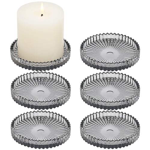 HofferRuffer Kerzenteller Kerzenständer Glas 6er Set,10cm rund Kerzenhalter,Kerzenleuchter für Stumpenkerzen,Teelichter,Grau von HofferRuffer