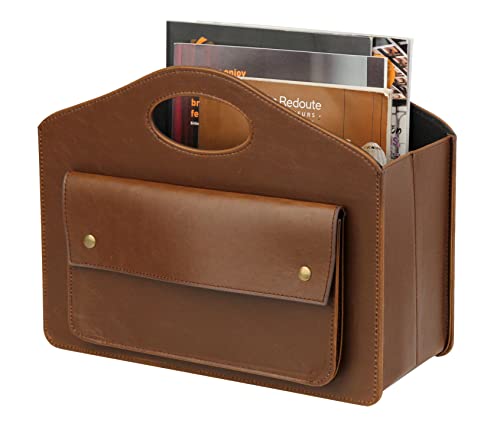 HofferRuffer Leder Zeitschriftenhalter mit Griff, Faltbarer Zeitungshalter mit Kleiner Vordertasche, Aufbewahrungskorb 35*28*15.2cm Braun von HofferRuffer