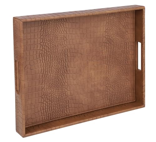 HofferRuffer Rechteckiges Serviertablett mit Lochgriffen für Couchtisch, Frühstück, Tee, Lebensmittel, Butler – Arbeitsplatte, Küche, Schminktisch, Serviertablett, 41,1 x 31 x 5,1 cm, Kunstleder von HofferRuffer