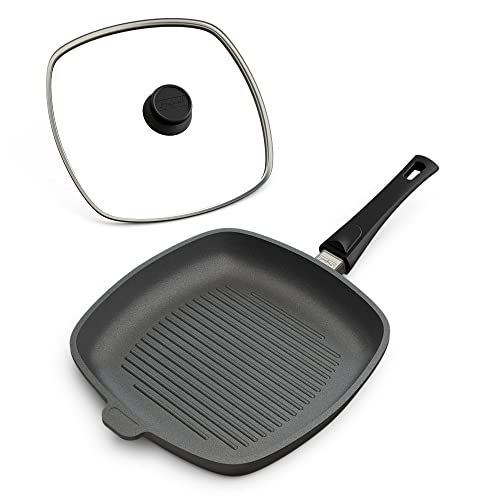 Hoffmann Grillpfanne Induktionsherd mit Deckel 28 x 28 cm I Made in Germany I Backofengeeignet bis 250 Grad I scharf anbraten leicht gemacht I 100% Verzugsfreier Boden I Nutz-Bratfläche 23 x 23 cm von Hoffmann
