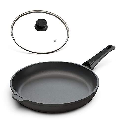 Hoffmann Aluguss Bratpfanne 24 cm Induktion mit Deckel 4,5 cm Innenhöhe I Made in Germany I Hoher Rand I Antihaftbeschichtet I Backofengeeignet 280 Grad Induktion geeignet von Hoffmann