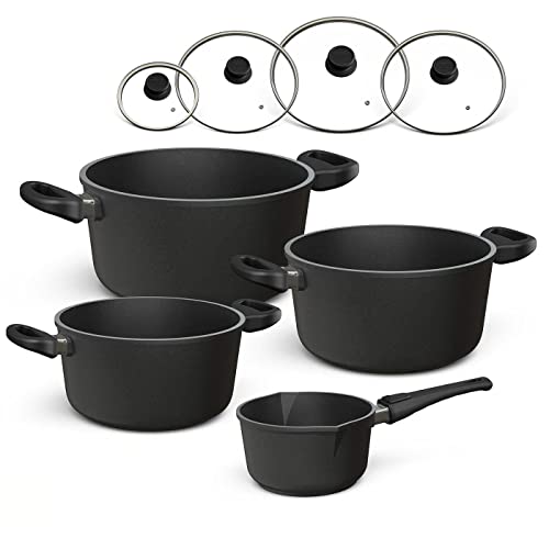 Hoffmann Töpfeset Induktion mit Glasdeckel, 8-teilig I Set alle Herdarten auch Induktion I Kochtöpfe und Stielkasserolle Made in Germany 100% verzugsfrei von Hoffmann