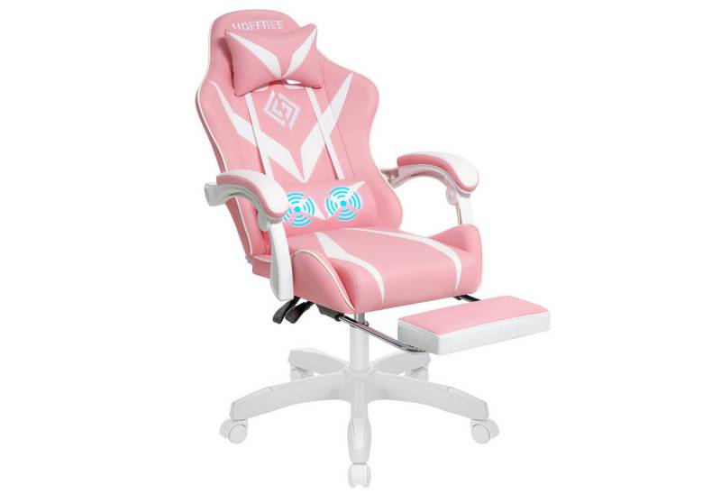 Hoffree Gaming-Stuhl (Bürostuhl mit Massagefunktion, Fußstütze, Kopfstütze), Maximale Belastung 90kg, Höhenverstellbar, 360° drehbar von Hoffree