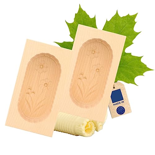 2X HOFMEISTER® Butterform, für 125 g Butter, 14 cm, Blume E, handgeschnitzt in Deutschland, Butter-Form zum Dekorieren, eckige Sturz-Form, Butter-Model aus heimischem Ahorn-Holz von Hofmeister Holzwaren