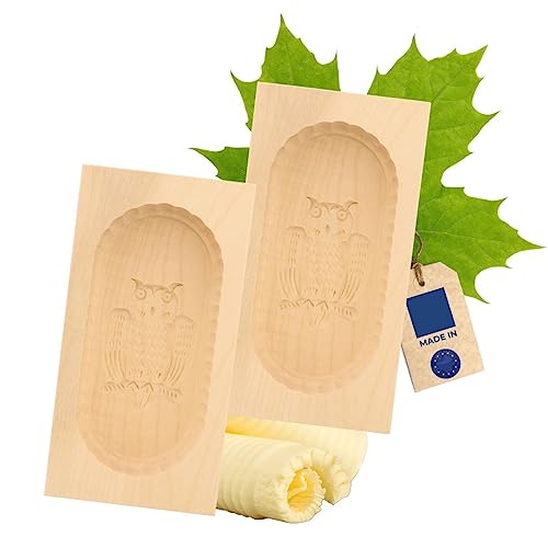 2X HOFMEISTER® Butterform, für 250 g Butter, 19 cm, Eule, handgeschnitzt in Deutschland, Butter-Form zum Dekorieren, eckige Sturz-Form, Butter-Model aus heimischem Ahorn-Holz von Hofmeister Holzwaren