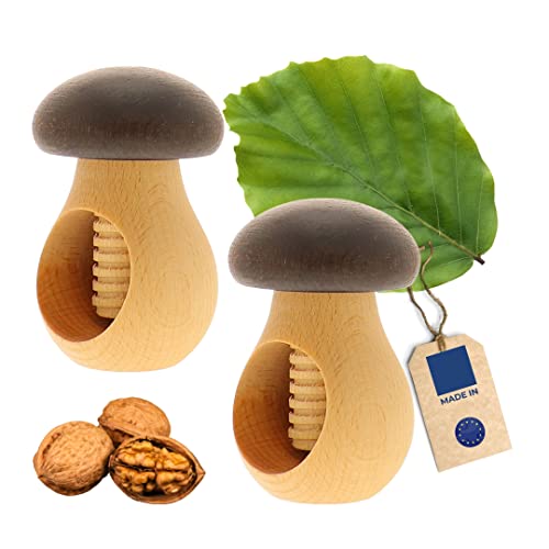 2X HOFMEISTER® Nussknacker Pilz Holz Geschenk - Ideal für Kinder & Senioren, öffnet Jede Nuss mit wenig Kraft, Schale bleibt im Pilz, Geschenk-Idee Weihnachten Nikolaus Wichteln aus Buchenholz, 10 cm von Hofmeister Holzwaren