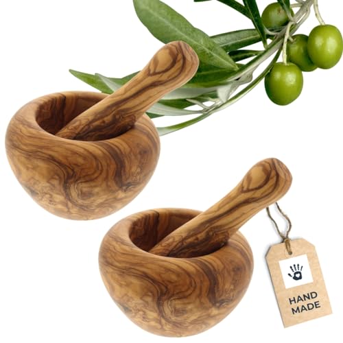 2x HOFMEISTER® Mörser und Stößel 2er Set aus Olivenholz, auffälige Maserung, sehr robuster Behälter mit Schlegel, Holzmörser für Kräuter, Samen und Gewürze, Durchmesser 11 cm (2 Stück) von Hofmeister Holzwaren