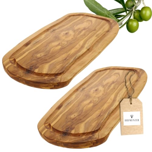 2x HOFMEISTER® Schneidebrett Saftrille Olivenholz - praktisches Set aus zwei Brettern aus Olive mit typischer Maserung, Doppelpack, Naturschnitt, 30 cm Länge von Hofmeister Holzwaren