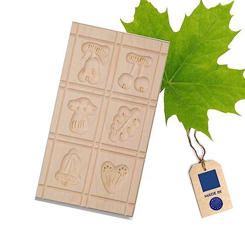 HOFMEISTER® Ausstechform für Plätzchen, Made in Germany, Backform mit 6 Motiven: Birne, Kirsche, Pilz, Blatt, Glocke, Herz, Keks-Stempel zum Plätzchen backen, handgefertigte Springerle Model von Hofmeister Holzwaren