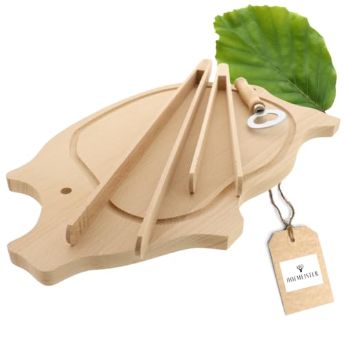 HOFMEISTER® Grill-Set Buchenholz - Schneidebrett Schwein, 2 Grillzangen & Flaschenöffner - Hochwertiges Grillzubehör für BBQ & Gartenpartys, Geschenkidee zum Grillen, 40 cm von Hofmeister Holzwaren