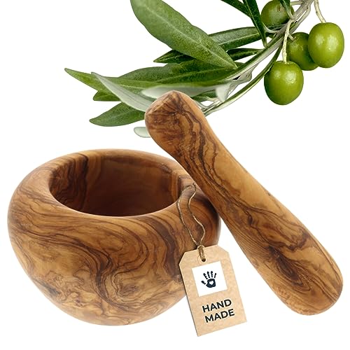 HOFMEISTER® Mörser aus Olivenholz - Hochwertige Küchenutensilien & Geschenkidee - Stilvoller Mörser mit Stößel für Kräuter und Gewürze, Durchmesser 11 cm von Hofmeister Holzwaren