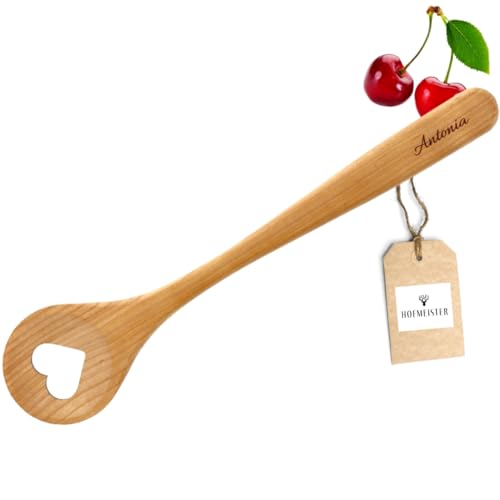 HOFMEISTER® Personalisierter Kochlöffel Herz zum Geburtstag, Hochzeit & Einzug – Mit Wunschtext – Kollegen, Freunde & Familie – Geschenk aus Kirschholz – 30 cm von Hofmeister Holzwaren